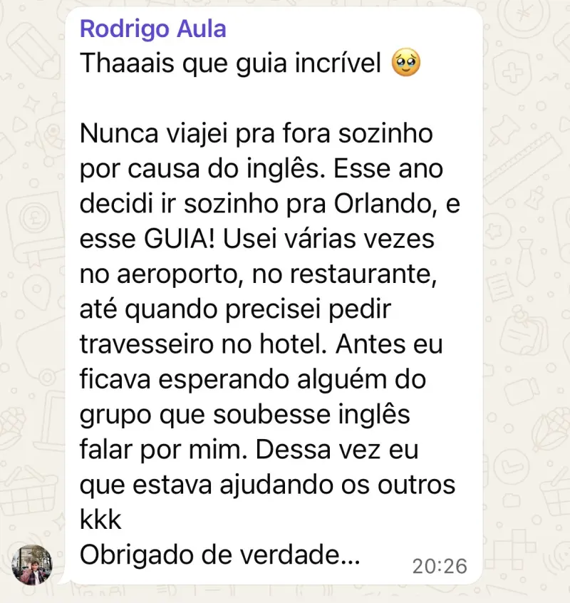 Depoimento de Rodrigo sobre viajar sozinho para Orlando usando o Inglês a Bordo