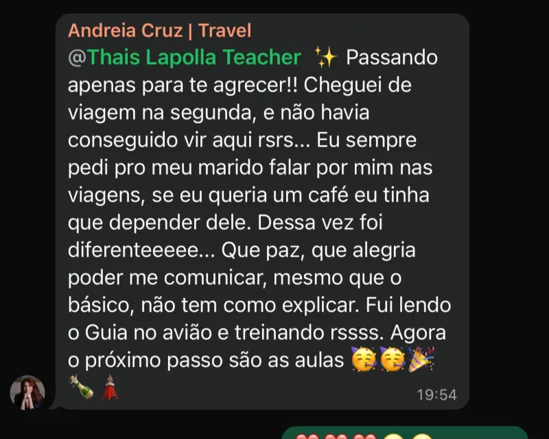 Depoimento de Andreia Cruz sobre se comunicar sozinha em viagem usando o Inglês a Bordo